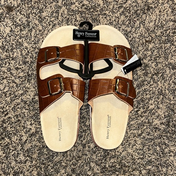 Henry Ferrera Brown Crocodile Print Double Buckle Strap Sandal Women’s Size 10 - Picture 3 of 8